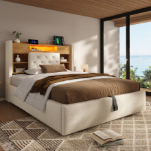 (Beige, Double) Roomfitters Bed Upholstered Ottoman Bed Frame with Smart RGB LED Lighting USB Type-C