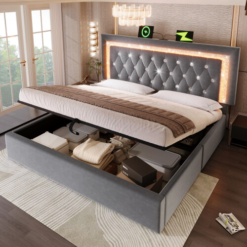(Grey, Double) Roomfitters Bed Upholstered Ottoman Bed Frame with Smart RGB LED Lighting USB Type-C 1