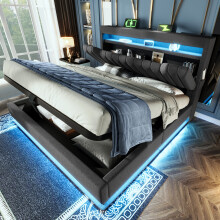 (Grey, King) Roomfitters Bed Upholstered Ottoman Bed Frame with Smart RGB LED Lighting USB Type-C