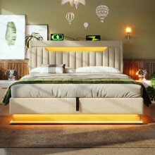 (Beige, King) Roomfitters Bed Upholstered Ottoman Bed Frame with Smart RGB LED Lighting USB Type-C