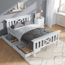 Roomfitters 90x190cm Single Bed Solid Pine Wooden Bed Frame with X-Shape Headboard & Storage Drawers, Heavy Duty Wooden Bed Frame, White