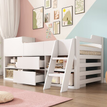 (White) Roomfitters 90x190cm Single Bed Wooden Mid Sleeper Cabin Bed Frame with Storage Drawers & Shelves