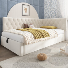 (Beige) Roomfitters Velvet Upholstered Daybed Frame with Hydraulic Ottoman Storage