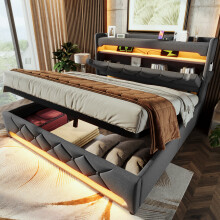 (Grey, Double) Roomfitters Bed Upholstered Ottoman Bed Frame with Smart RGB LED Lighting USB Type-C