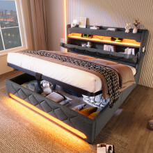 (Grey, Super King) Roomfitters Bed Upholstered Ottoman Bed Frame with Smart RGB LED Lighting USB Type-C