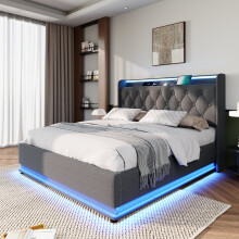 (Grey, King) Roomfitters Upholstered Ottoman Bed Frame with 360 Surround RGB LED & Hydraulic Storage