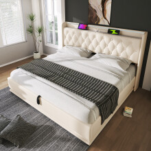 (White, Double) Roomfitters Upholstered Ottoman Bed Frame with 360 Surround RGB LED & Hydraulic Storage