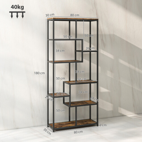 Homcom HOMCOM Industrial Bookcase 7-Tier Bookshelf Shelving Unit Rustic Brown Black 2