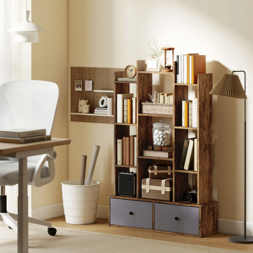 Homcom HOMCOM 12-Tier Bookshelf, Bookcase w/ 2 Folding Drawer, Rustic Brown 1