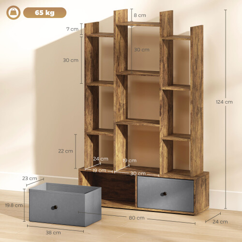 Homcom HOMCOM 12-Tier Bookshelf, Bookcase w/ 2 Folding Drawer, Rustic Brown 2