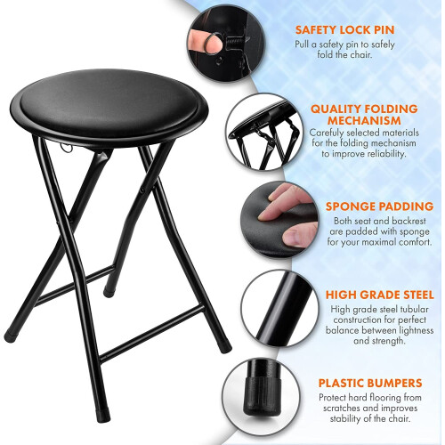 BLACK FOLDING STOOL SOFT PADDED CUSHIONED SEAT FOLDING FREESTANDING METAL FRAME 2