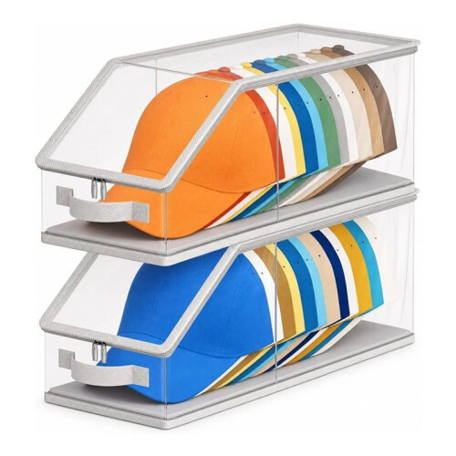 2PCS Stackable Hat Storage for Baseball Caps, Clear Hat Organizer for Closet Holds  to 24 Caps, Men'S Hat Box Display