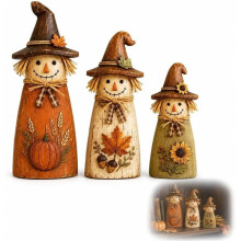 Vintage Wooden Scarecrow Fall Decor Set, Fall Decorations for Home Outdoor Table Gift, Retro Statue(Three-Piece Set)