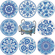 Set de 8 Dessous de Verre Mandala Compatible Avec DIY, Acrylique et Strass Brillants, Motif Porcelaine Bleue, Support en Métal Inclus
