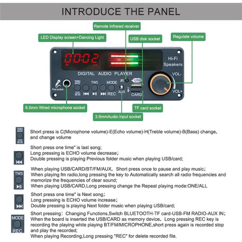 DC12V MP3 WMA WAV Decoder Board  5.3 Handsfree Car Audio Microphone USB TF FM DIY Music Player for Amplifier