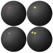 Kompakte Squashbälle, 4er-Pack (3 mit einem Punkt, 1 mit zwei Punkten), hochelastische Trainingsbälle aus Gummi.
