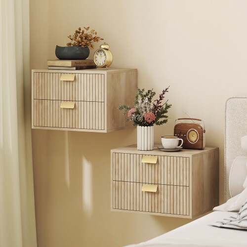 Homcom HOMCOM 2pcs Modern Floating Nightstands,  2 Drawers Bedside Tables, Oak