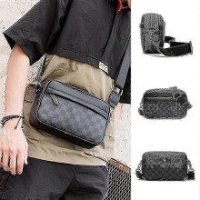 Lässige Herren-Schultertasche aus Leder mit Karomuster, verstellbarer Riemen, Umhängetasche