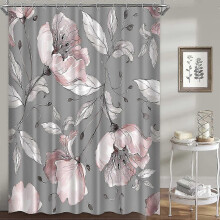 Duschvorhänge mit Blumenmuster fürs Badezimmer, Duschvorhang-Set mit rosa-grauen Rosen, blauer Hintergrund, wasserdicht, waschbar