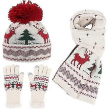 Weihnachtsmützen, Partyhüte, Damen-Wintermützen, europäische Weihnachtsstrickmützen, Handschuhe, Schals, dreiteilig, dick, Neujahr, Weihnachten