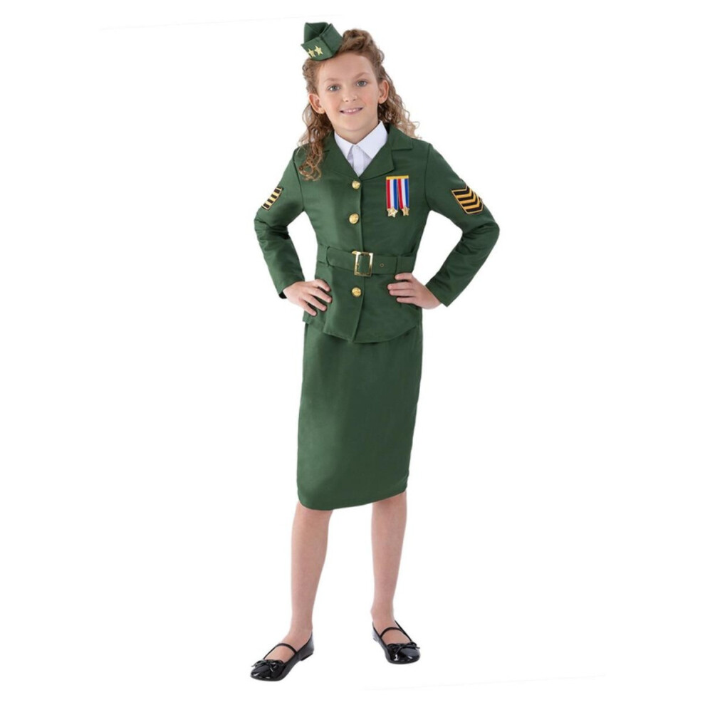 Photos - Fancy Dress  Smiffys Girls World War II Army Costume Set(7-9 Years, Khaki Green)