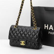 (Light gold chain black) Women Quilted Crossbody Bag Classic Style Genuine Leather Shoulder Bag Versatile Elegant Ladies Daily Evening Handbag