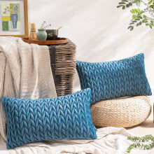 Housses de coussin décoratives Phantoscope en velours matelassé à plis et texture tressée, 30 x 50 cm, bleues, lot de 2