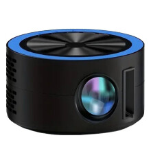 Miniproyector LED ICQOVD1080P con interfaz USB y control remoto, azul.