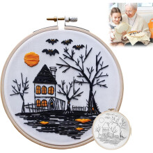 Halloween-broderikit, DIY-stämplat korsstygn för nybörjare, gotisk dödskalle och häxhatt handsömnadsset, kompatibel med festgåvor och presenter