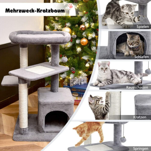 Kratzbaum mit Sisalstämmen, Plattform mit Plüschoberteil, Grau 2