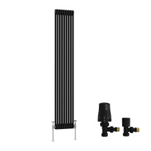 (1800x380mm) Right Radiators Traditional Double Column Vertical Cast Iron Style Radiator Black with Angled Thermostatic Valve