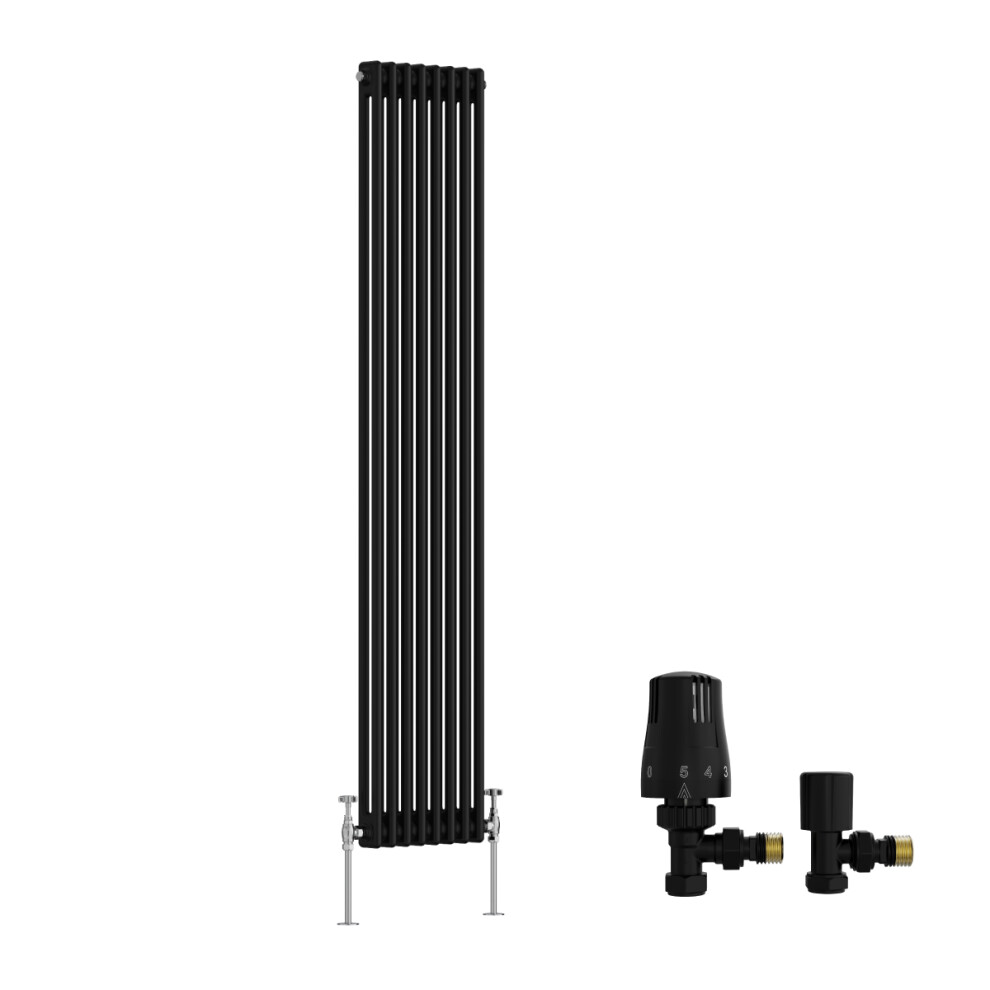 (1800X380mm) Right Radiators Traditional Double Column Vertical Cast Iron Style Radiator Black With Angled Thermostatic Valve 5063767944258
