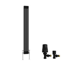 (1500x200mm) Right Radiators Traditional Double Column Vertical Cast Iron Style Radiator Black with Angled Thermostatic Valve