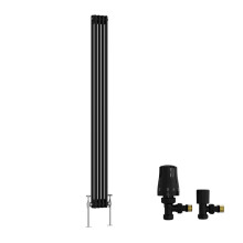 (1800x200mm) Right Radiators Traditional Double Column Vertical Cast Iron Style Radiator Black with Angled Thermostatic Valve
