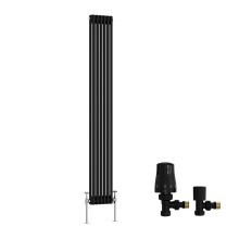 (1800x290mm) Right Radiators Traditional Double Column Vertical Cast Iron Style Radiator Black with Angled Thermostatic Valve
