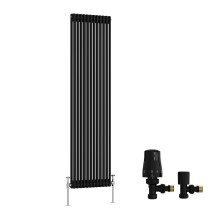 (1800x560mm) Right Radiators Traditional Double Column Vertical Cast Iron Style Radiator Black with Angled Thermostatic Valve