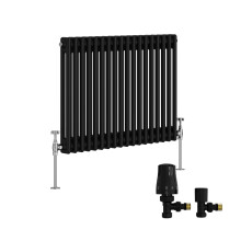 (600x830mm) Right Radiators Traditional Double Column Vertical Cast Iron Style Radiator Black with Angled Thermostatic Valve