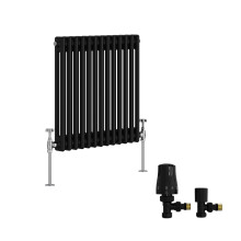 (600x605mm) Right Radiators Traditional Double Column Vertical Cast Iron Style Radiator Black with Angled Thermostatic Valve