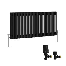 (600x1460mm) Right Radiators Traditional Double Column Vertical Cast Iron Style Radiator Black with Angled Thermostatic Valve