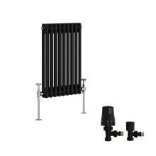 (600x425mm) Right Radiators Traditional Double Column Vertical Cast Iron Style Radiator Black with Angled Thermostatic Valve