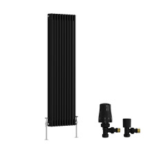 (1500x472mm) Right Radiators Traditional Triple Column Vertical Cast Iron Style Radiator Black with Angled Thermostatic Valve