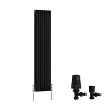 (1500x382mm) Right Radiators Traditional Triple Column Vertical Cast Iron Style Radiator Black with Angled Thermostatic Valve