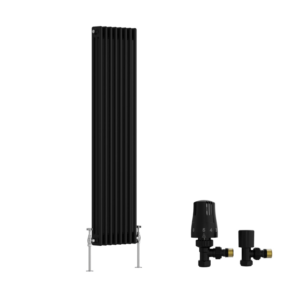 (1500X382mm) Right Radiators Traditional Triple Column Vertical Cast Iron Style Radiator Black With Angled Thermostatic Valve 5063767944425