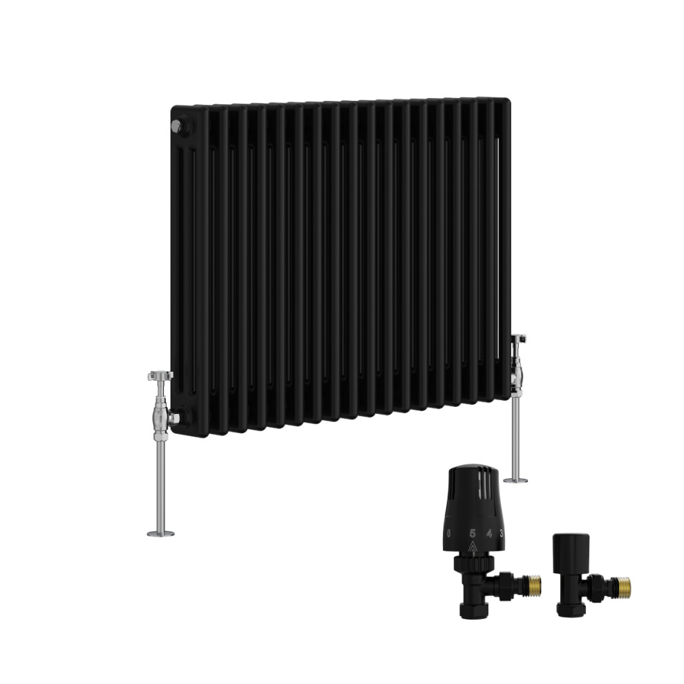 (600X832mm) Right Radiators Traditional Triple Column Vertical Cast Iron Style Radiator Black With Angled Thermostatic Valve 5063767944364