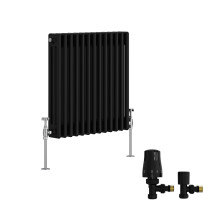 (600x607mm) Right Radiators Traditional Triple Column Vertical Cast Iron Style Radiator Black with Angled Thermostatic Valve