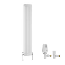 (1800x380mm) Right Radiators Traditional Double Column Vertical Cast Iron Style Radiator White with Angled Thermostatic Valve