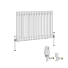 (600x1010mm) Right Radiators Traditional Double Column Vertical Cast Iron Style Radiator White with Angled Thermostatic Valve