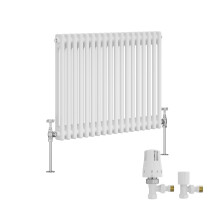 (600x830mm) Right Radiators Traditional Double Column Vertical Cast Iron Style Radiator White with Angled Thermostatic Valve