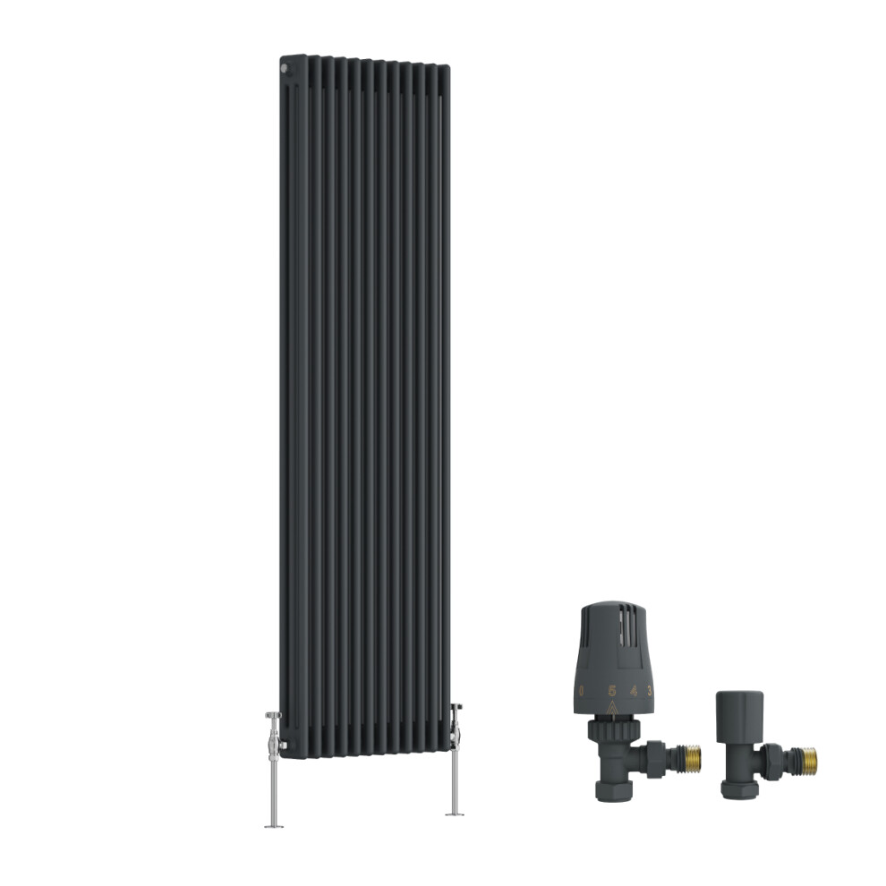 (1800X562mm) Right Radiators Traditional Triple Column Vertical Cast Iron Style Radiator Anthracite With Angled Thermostatic Valve 5063767943176