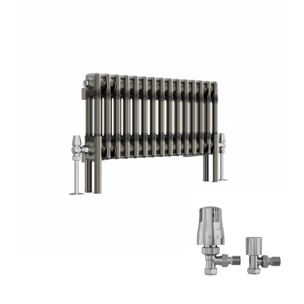 (300X695mm) Right Radiators Raw Metal Vertical Traditional 2 Column Cast Iron Style Radiator With Angled Thermostatic Valves 5063767944746